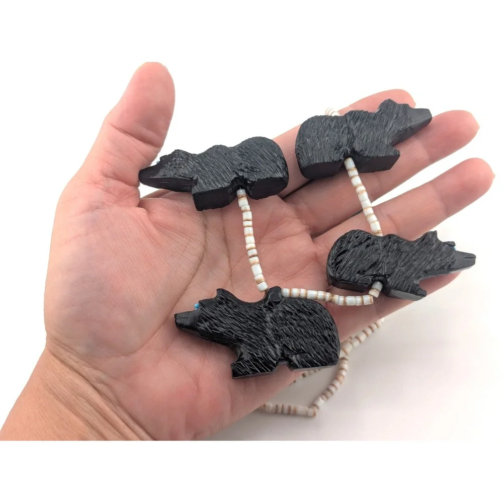 Exquisite Mike Tucson Zuni Bear Fetish Necklace Earrings Set Sterling Silver Jet